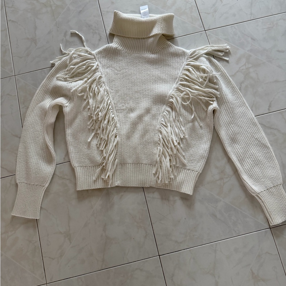 White House Black Market Ivory Fringe Turtleneck Sweater